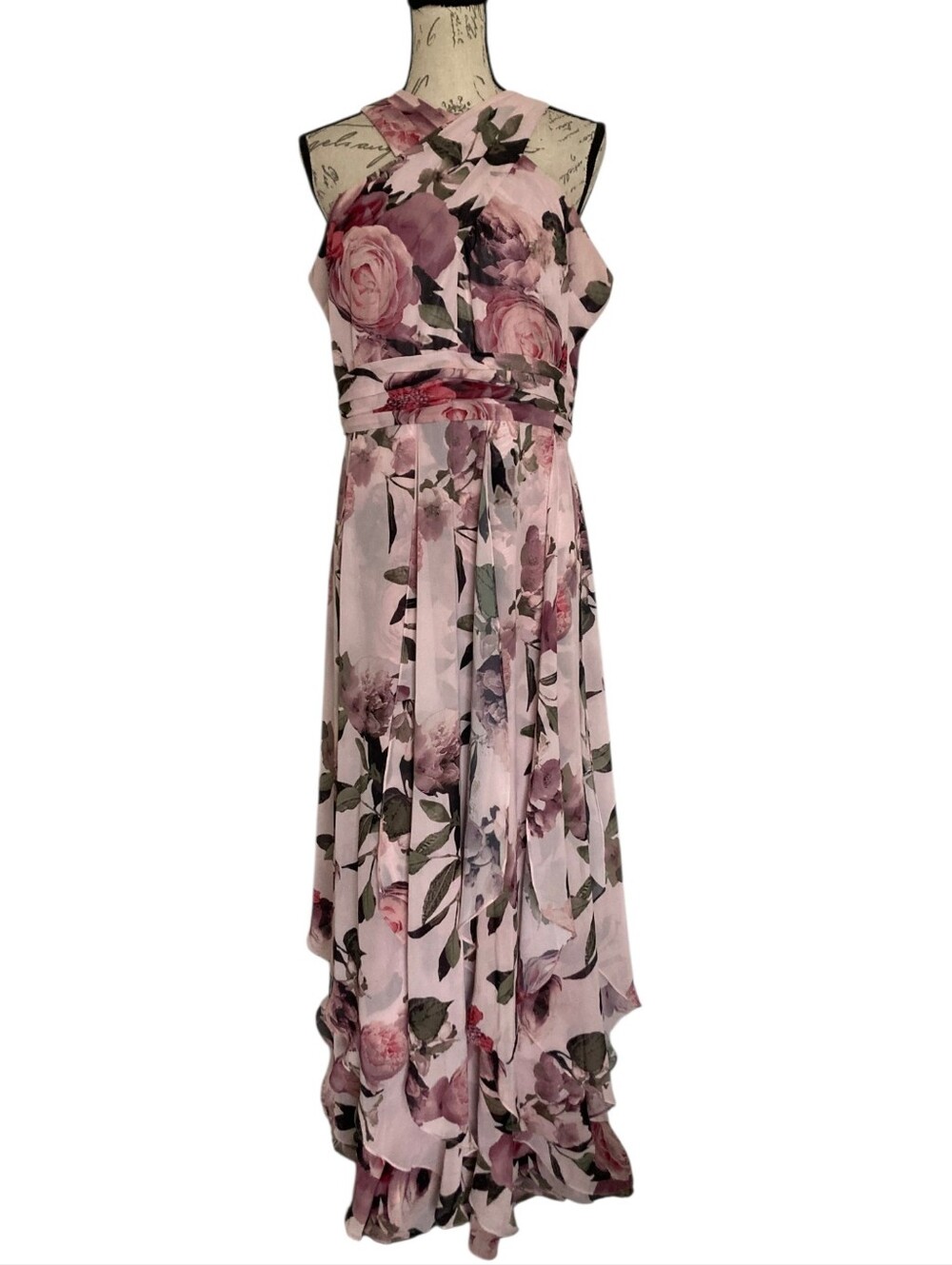 Xscape Long Floral Formal Halter Gown maxi Dress 16 Chiffon Pink Wedding Guest